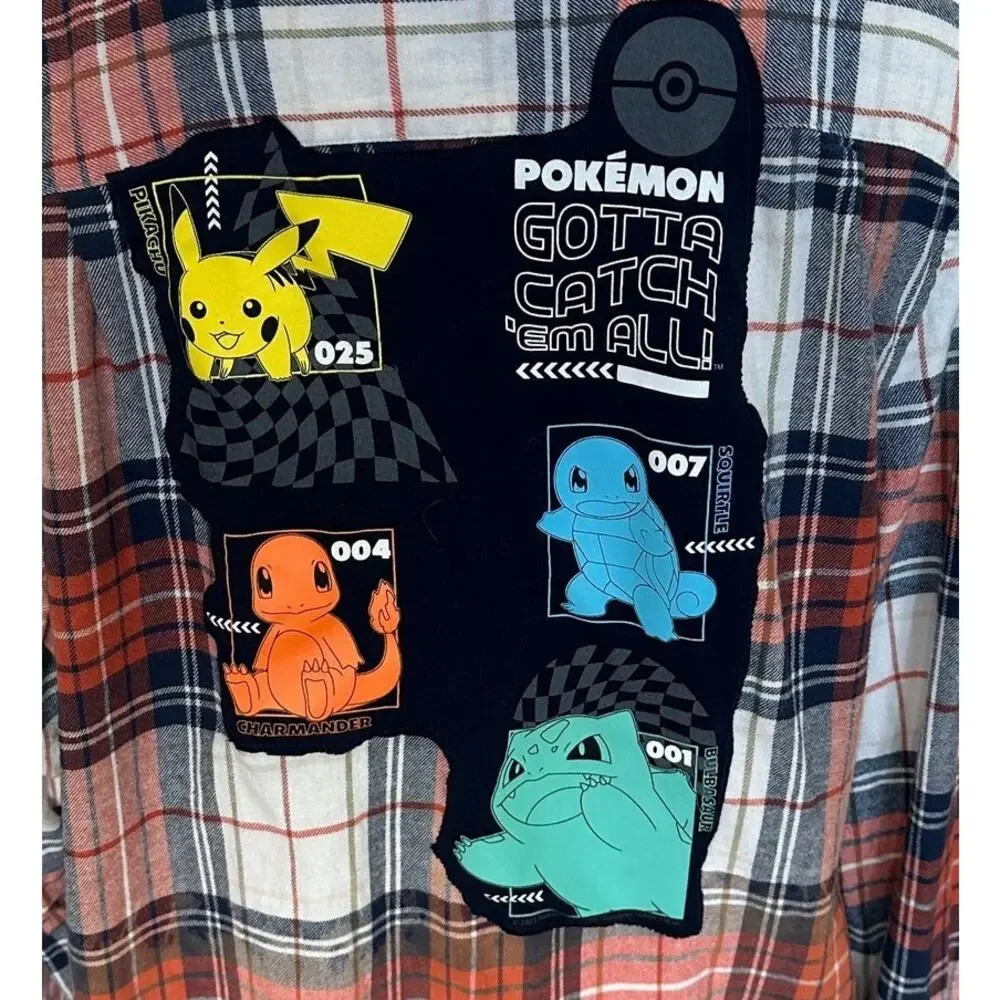Pokemon Flannel Plaid Shirt LARGE Oversized One of Kind Upcycled Pikachu Unique - Picture 2 of 6